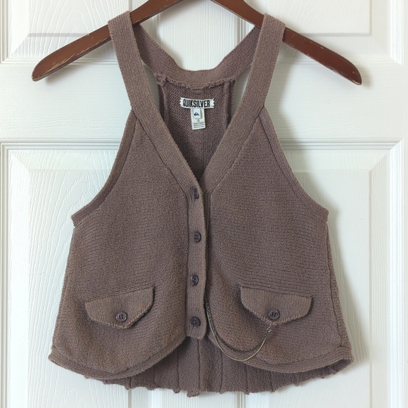 Quicksilver Waistcoat Inspired Button Up V-neck Pleated Back Knit Tank Top Taupe - Picture 1 of 12